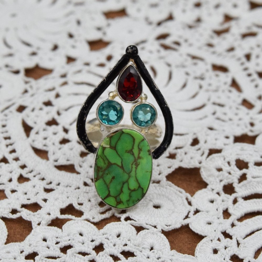 Vintage Green Turquoise w\ Glass Garnet & Topaz Color Stones